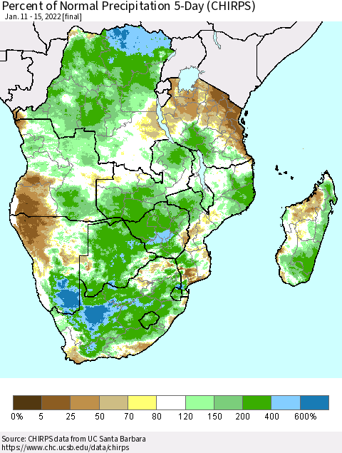 Southern Africa Percent of Normal Precipitation 5-Day (CHIRPS) Thematic Map For 1/11/2022 - 1/15/2022