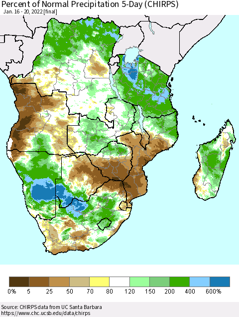 Southern Africa Percent of Normal Precipitation 5-Day (CHIRPS) Thematic Map For 1/16/2022 - 1/20/2022