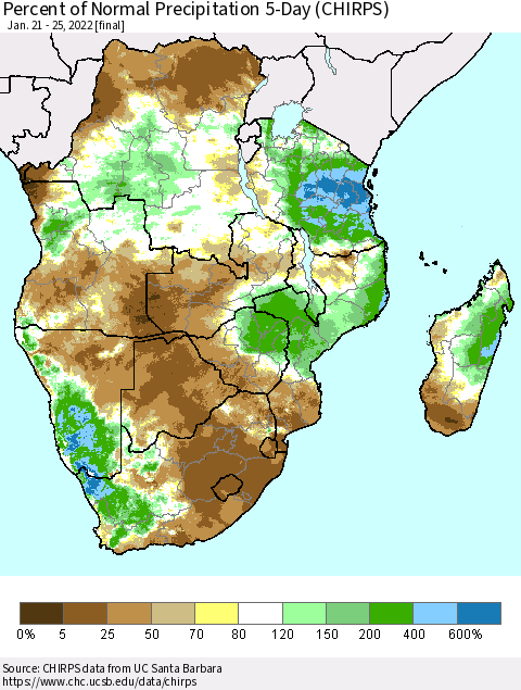 Southern Africa Percent of Normal Precipitation 5-Day (CHIRPS) Thematic Map For 1/21/2022 - 1/25/2022