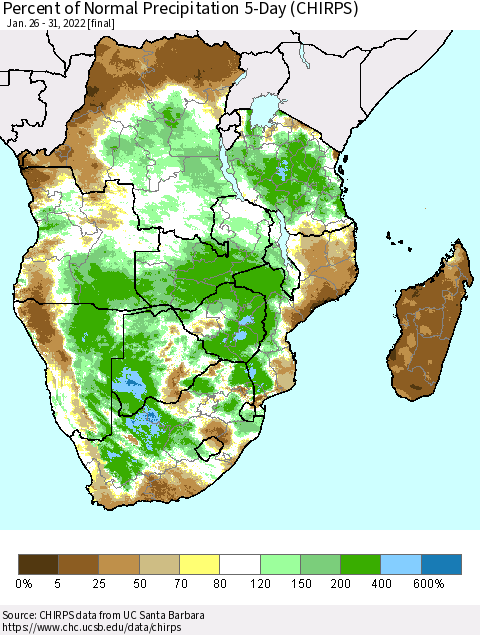 Southern Africa Percent of Normal Precipitation 5-Day (CHIRPS) Thematic Map For 1/26/2022 - 1/31/2022