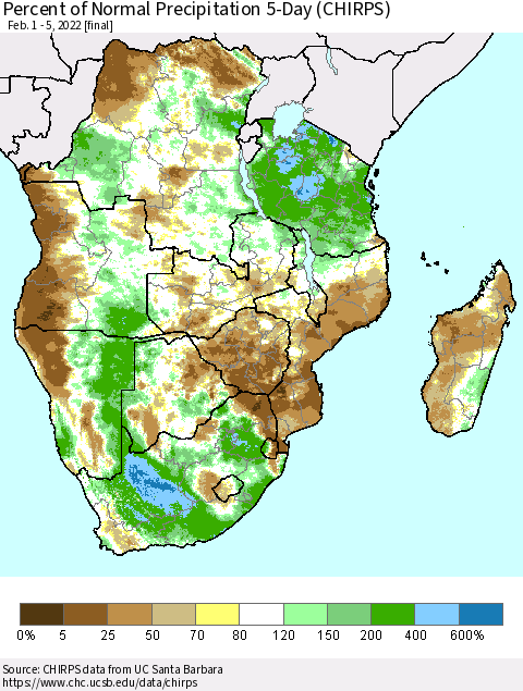 Southern Africa Percent of Normal Precipitation 5-Day (CHIRPS) Thematic Map For 2/1/2022 - 2/5/2022