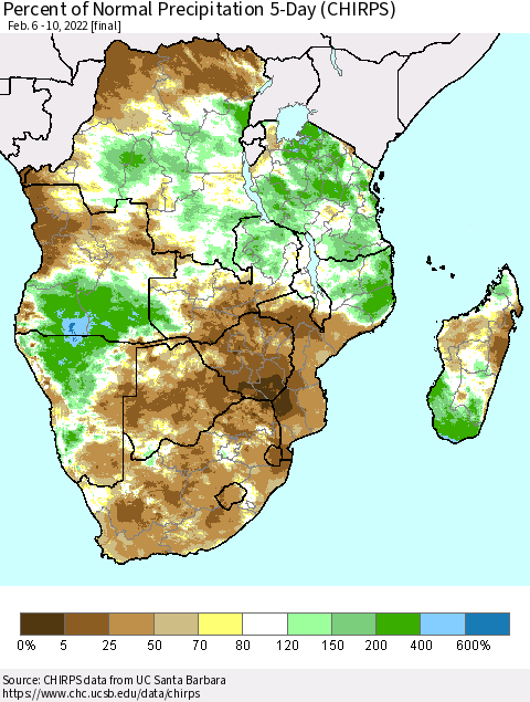 Southern Africa Percent of Normal Precipitation 5-Day (CHIRPS) Thematic Map For 2/6/2022 - 2/10/2022