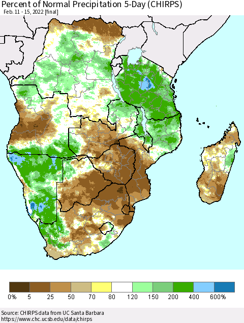 Southern Africa Percent of Normal Precipitation 5-Day (CHIRPS) Thematic Map For 2/11/2022 - 2/15/2022