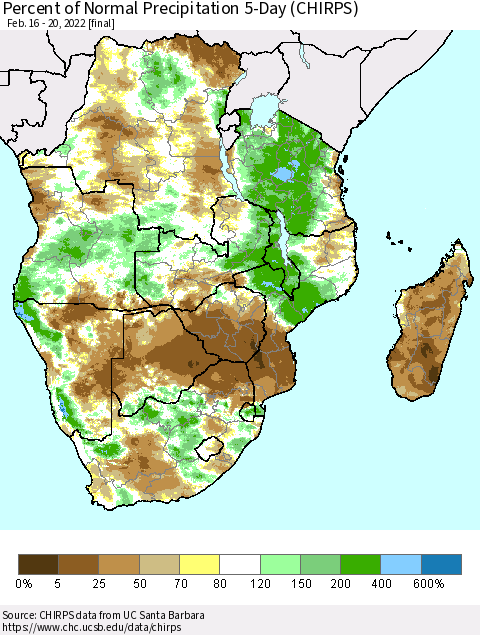 Southern Africa Percent of Normal Precipitation 5-Day (CHIRPS) Thematic Map For 2/16/2022 - 2/20/2022