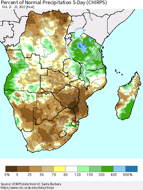 Southern Africa Percent of Normal Precipitation 5-Day (CHIRPS) Thematic Map For 2/21/2022 - 2/25/2022