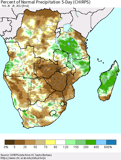 Southern Africa Percent of Normal Precipitation 5-Day (CHIRPS) Thematic Map For 2/26/2022 - 2/28/2022