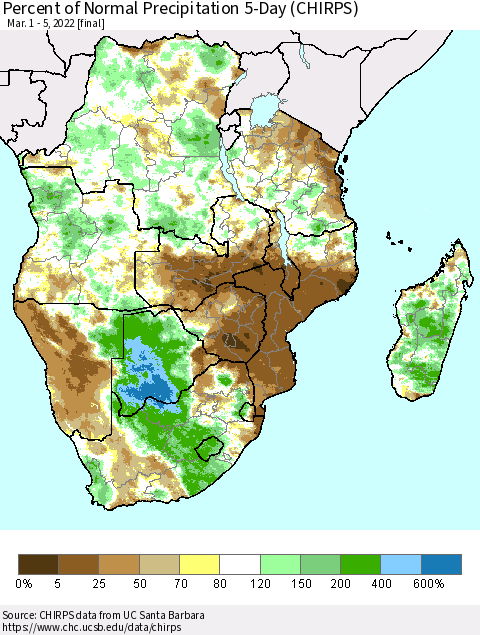 Southern Africa Percent of Normal Precipitation 5-Day (CHIRPS) Thematic Map For 3/1/2022 - 3/5/2022