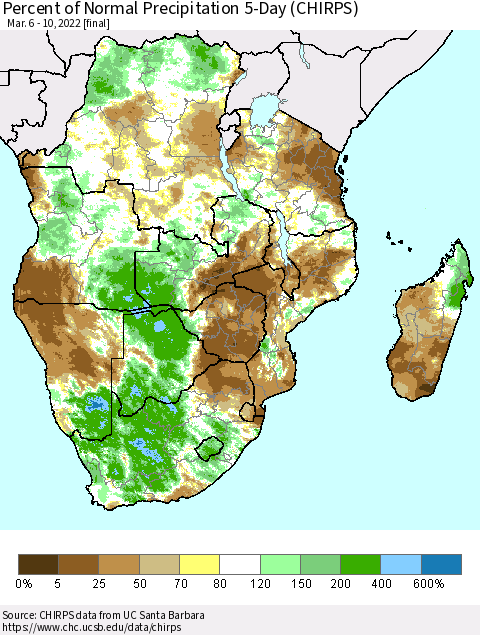 Southern Africa Percent of Normal Precipitation 5-Day (CHIRPS) Thematic Map For 3/6/2022 - 3/10/2022