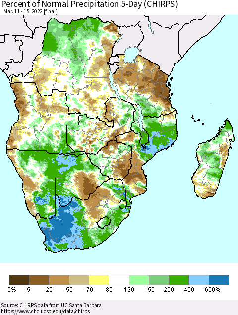 Southern Africa Percent of Normal Precipitation 5-Day (CHIRPS) Thematic Map For 3/11/2022 - 3/15/2022