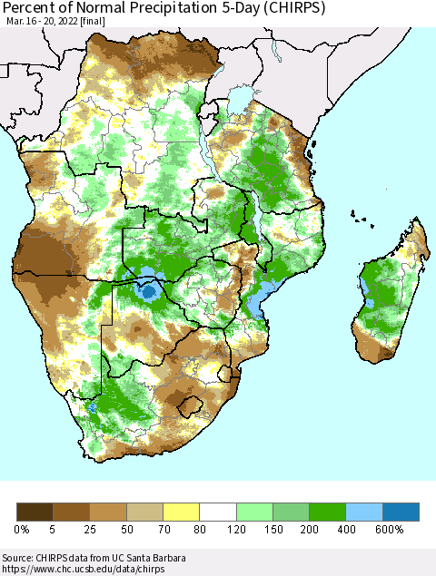 Southern Africa Percent of Normal Precipitation 5-Day (CHIRPS) Thematic Map For 3/16/2022 - 3/20/2022
