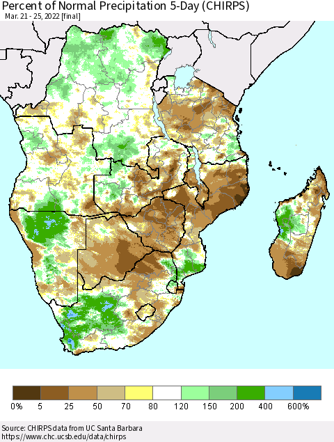 Southern Africa Percent of Normal Precipitation 5-Day (CHIRPS) Thematic Map For 3/21/2022 - 3/25/2022