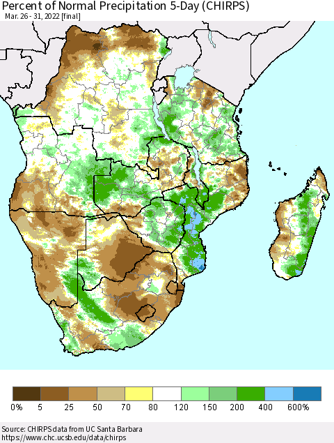 Southern Africa Percent of Normal Precipitation 5-Day (CHIRPS) Thematic Map For 3/26/2022 - 3/31/2022