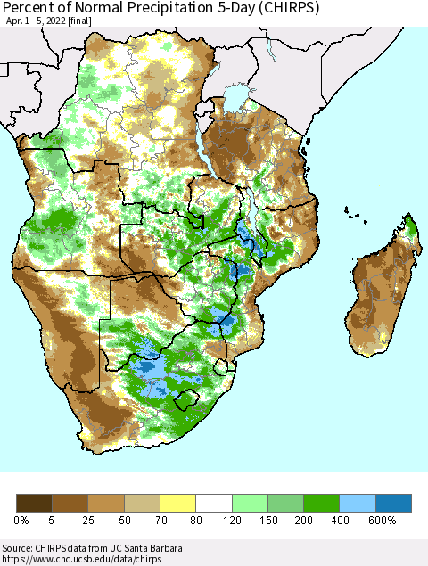 Southern Africa Percent of Normal Precipitation 5-Day (CHIRPS) Thematic Map For 4/1/2022 - 4/5/2022