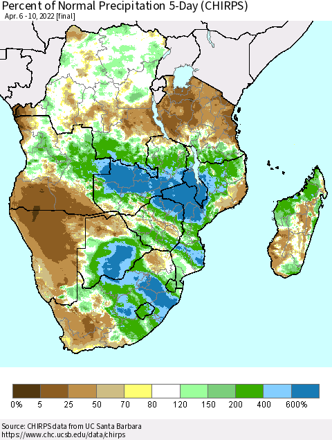 Southern Africa Percent of Normal Precipitation 5-Day (CHIRPS) Thematic Map For 4/6/2022 - 4/10/2022
