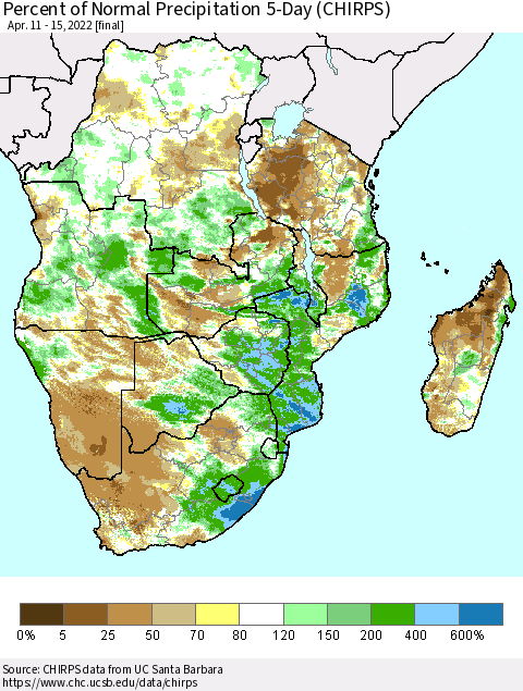 Southern Africa Percent of Normal Precipitation 5-Day (CHIRPS) Thematic Map For 4/11/2022 - 4/15/2022