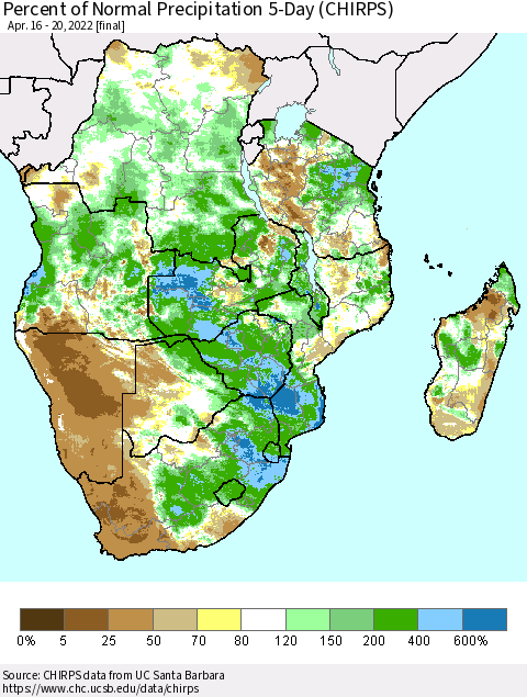 Southern Africa Percent of Normal Precipitation 5-Day (CHIRPS) Thematic Map For 4/16/2022 - 4/20/2022