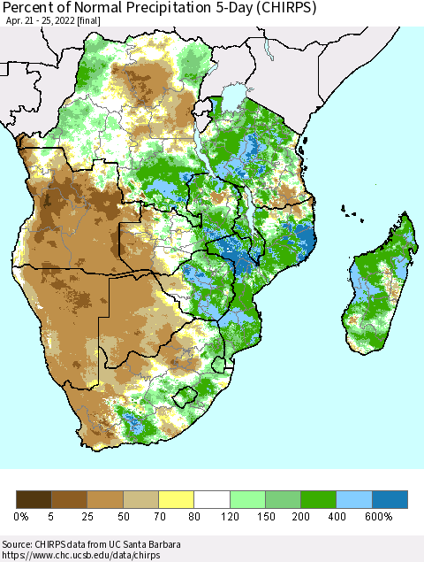 Southern Africa Percent of Normal Precipitation 5-Day (CHIRPS) Thematic Map For 4/21/2022 - 4/25/2022