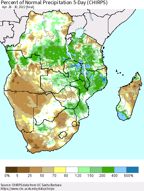Southern Africa Percent of Normal Precipitation 5-Day (CHIRPS) Thematic Map For 4/26/2022 - 4/30/2022