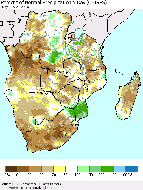 Southern Africa Percent of Normal Precipitation 5-Day (CHIRPS) Thematic Map For 5/1/2022 - 5/5/2022