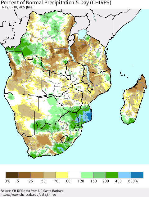 Southern Africa Percent of Normal Precipitation 5-Day (CHIRPS) Thematic Map For 5/6/2022 - 5/10/2022