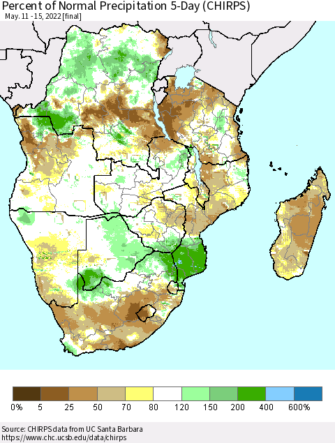Southern Africa Percent of Normal Precipitation 5-Day (CHIRPS) Thematic Map For 5/11/2022 - 5/15/2022