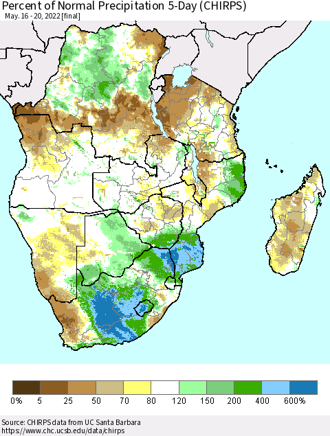 Southern Africa Percent of Normal Precipitation 5-Day (CHIRPS) Thematic Map For 5/16/2022 - 5/20/2022