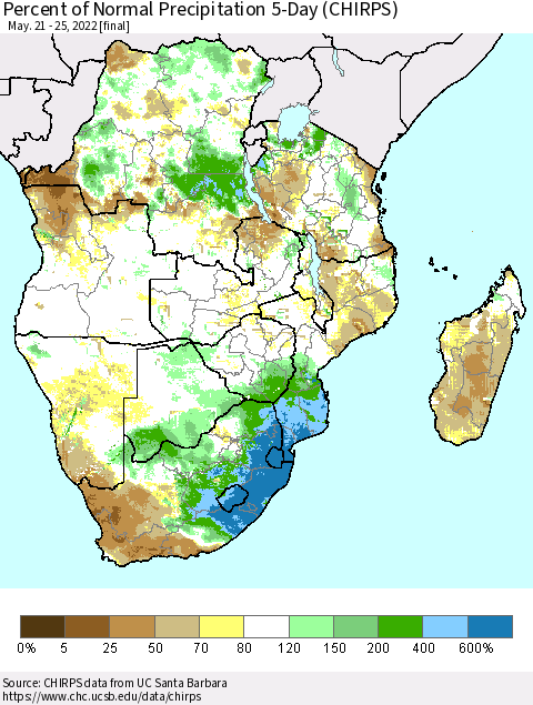 Southern Africa Percent of Normal Precipitation 5-Day (CHIRPS) Thematic Map For 5/21/2022 - 5/25/2022