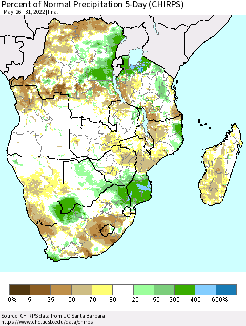 Southern Africa Percent of Normal Precipitation 5-Day (CHIRPS) Thematic Map For 5/26/2022 - 5/31/2022