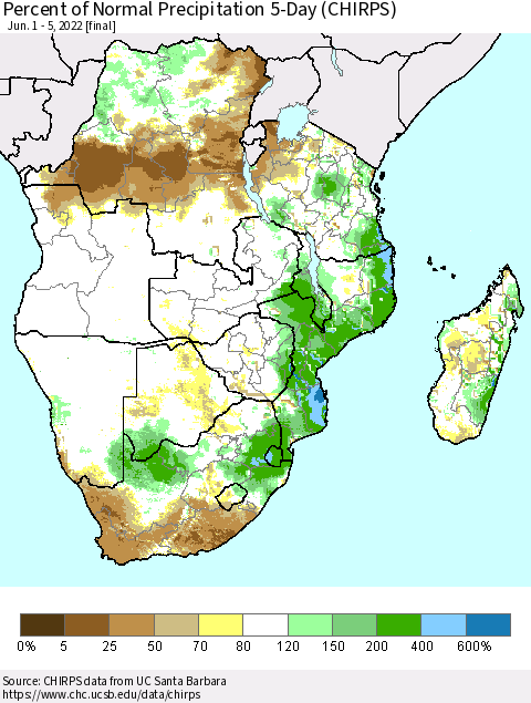 Southern Africa Percent of Normal Precipitation 5-Day (CHIRPS) Thematic Map For 6/1/2022 - 6/5/2022