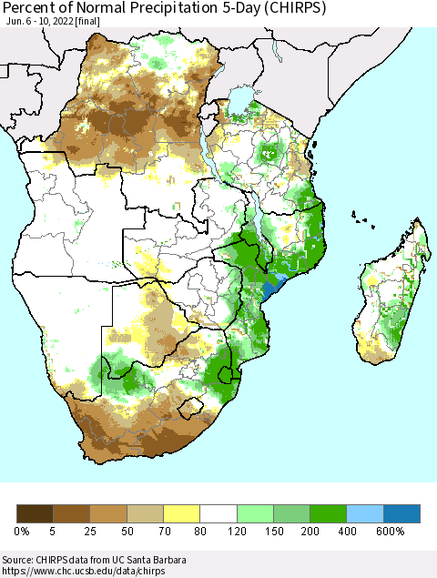 Southern Africa Percent of Normal Precipitation 5-Day (CHIRPS) Thematic Map For 6/6/2022 - 6/10/2022