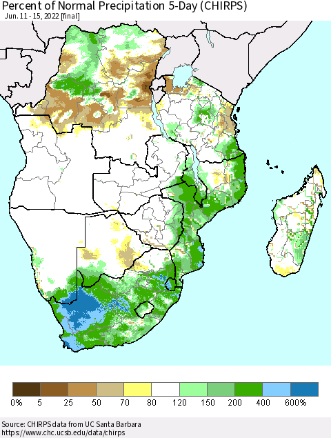 Southern Africa Percent of Normal Precipitation 5-Day (CHIRPS) Thematic Map For 6/11/2022 - 6/15/2022