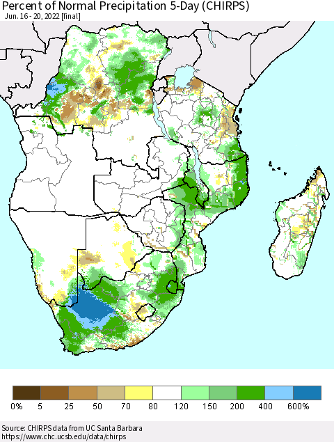 Southern Africa Percent of Normal Precipitation 5-Day (CHIRPS) Thematic Map For 6/16/2022 - 6/20/2022
