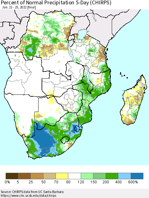 Southern Africa Percent of Normal Precipitation 5-Day (CHIRPS) Thematic Map For 6/21/2022 - 6/25/2022