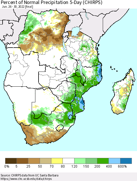 Southern Africa Percent of Normal Precipitation 5-Day (CHIRPS) Thematic Map For 6/26/2022 - 6/30/2022