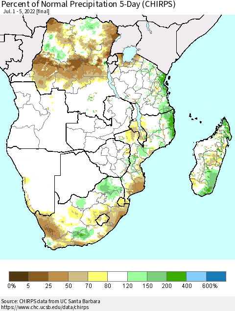 Southern Africa Percent of Normal Precipitation 5-Day (CHIRPS) Thematic Map For 7/1/2022 - 7/5/2022