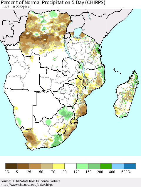 Southern Africa Percent of Normal Precipitation 5-Day (CHIRPS) Thematic Map For 7/6/2022 - 7/10/2022