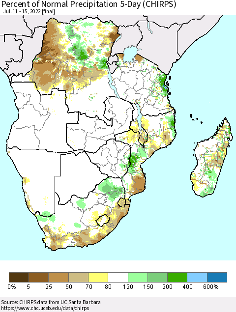 Southern Africa Percent of Normal Precipitation 5-Day (CHIRPS) Thematic Map For 7/11/2022 - 7/15/2022