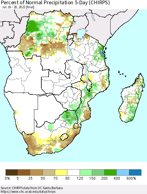 Southern Africa Percent of Normal Precipitation 5-Day (CHIRPS) Thematic Map For 7/16/2022 - 7/20/2022