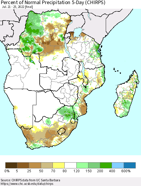 Southern Africa Percent of Normal Precipitation 5-Day (CHIRPS) Thematic Map For 7/21/2022 - 7/25/2022
