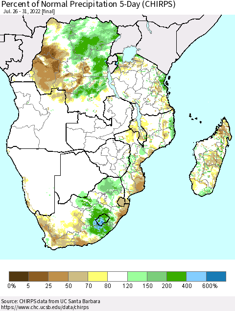 Southern Africa Percent of Normal Precipitation 5-Day (CHIRPS) Thematic Map For 7/26/2022 - 7/31/2022