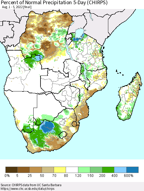 Southern Africa Percent of Normal Precipitation 5-Day (CHIRPS) Thematic Map For 8/1/2022 - 8/5/2022