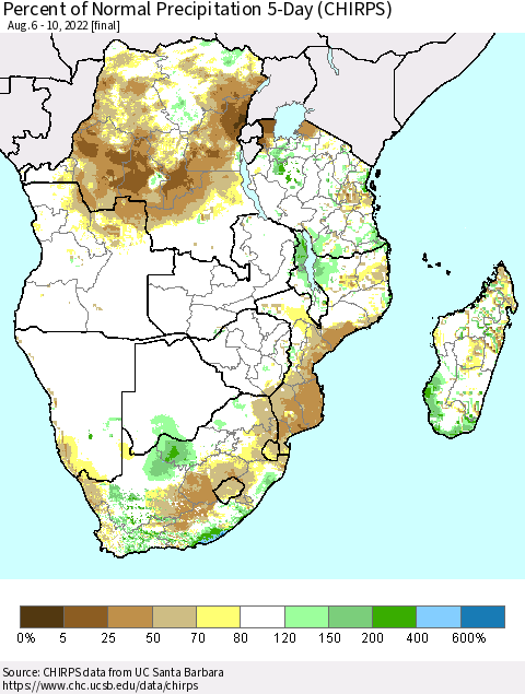 Southern Africa Percent of Normal Precipitation 5-Day (CHIRPS) Thematic Map For 8/6/2022 - 8/10/2022