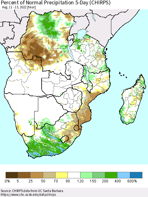 Southern Africa Percent of Normal Precipitation 5-Day (CHIRPS) Thematic Map For 8/11/2022 - 8/15/2022