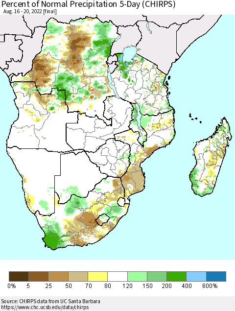Southern Africa Percent of Normal Precipitation 5-Day (CHIRPS) Thematic Map For 8/16/2022 - 8/20/2022