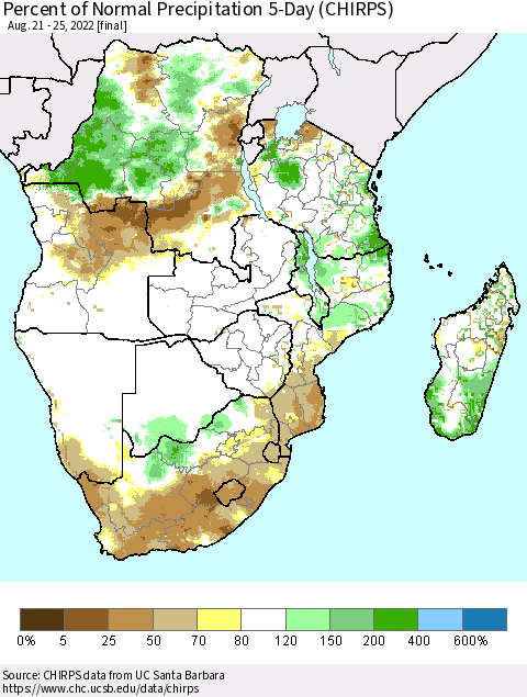 Southern Africa Percent of Normal Precipitation 5-Day (CHIRPS) Thematic Map For 8/21/2022 - 8/25/2022