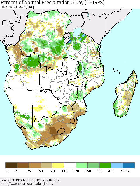 Southern Africa Percent of Normal Precipitation 5-Day (CHIRPS) Thematic Map For 8/26/2022 - 8/31/2022