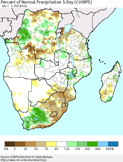 Southern Africa Percent of Normal Precipitation 5-Day (CHIRPS) Thematic Map For 9/1/2022 - 9/5/2022