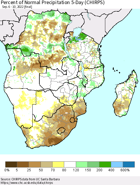 Southern Africa Percent of Normal Precipitation 5-Day (CHIRPS) Thematic Map For 9/6/2022 - 9/10/2022