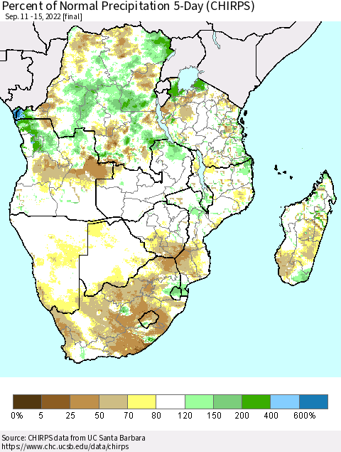 Southern Africa Percent of Normal Precipitation 5-Day (CHIRPS) Thematic Map For 9/11/2022 - 9/15/2022