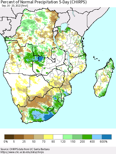 Southern Africa Percent of Normal Precipitation 5-Day (CHIRPS) Thematic Map For 9/16/2022 - 9/20/2022